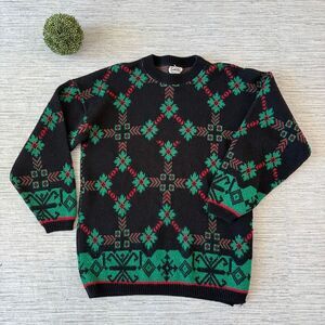 VTG 80s 90s Cuddle Knit Christmas Holiday Sweater Black Red Green L/XL